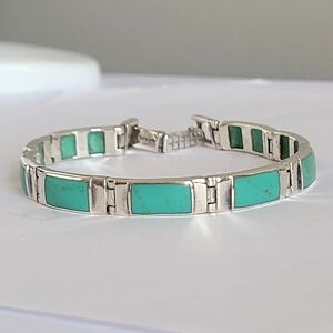 Vintage Boho Western Green Turquoise Inlay Sterling Silver Chain Link Bracelet
